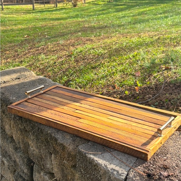 Reclaimed Tobacco Stick Serving Tray With Brushed Nickel Handles – 25” x 12”